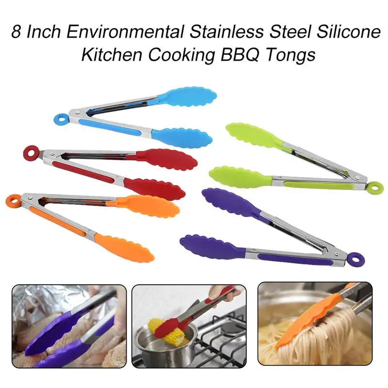 

dropship NEW 1PCS 8 Inch Silicone Kitchen Cooking Salad Serving BBQ Tongs Stainless Steel Handle Utensil Kitchen Tools