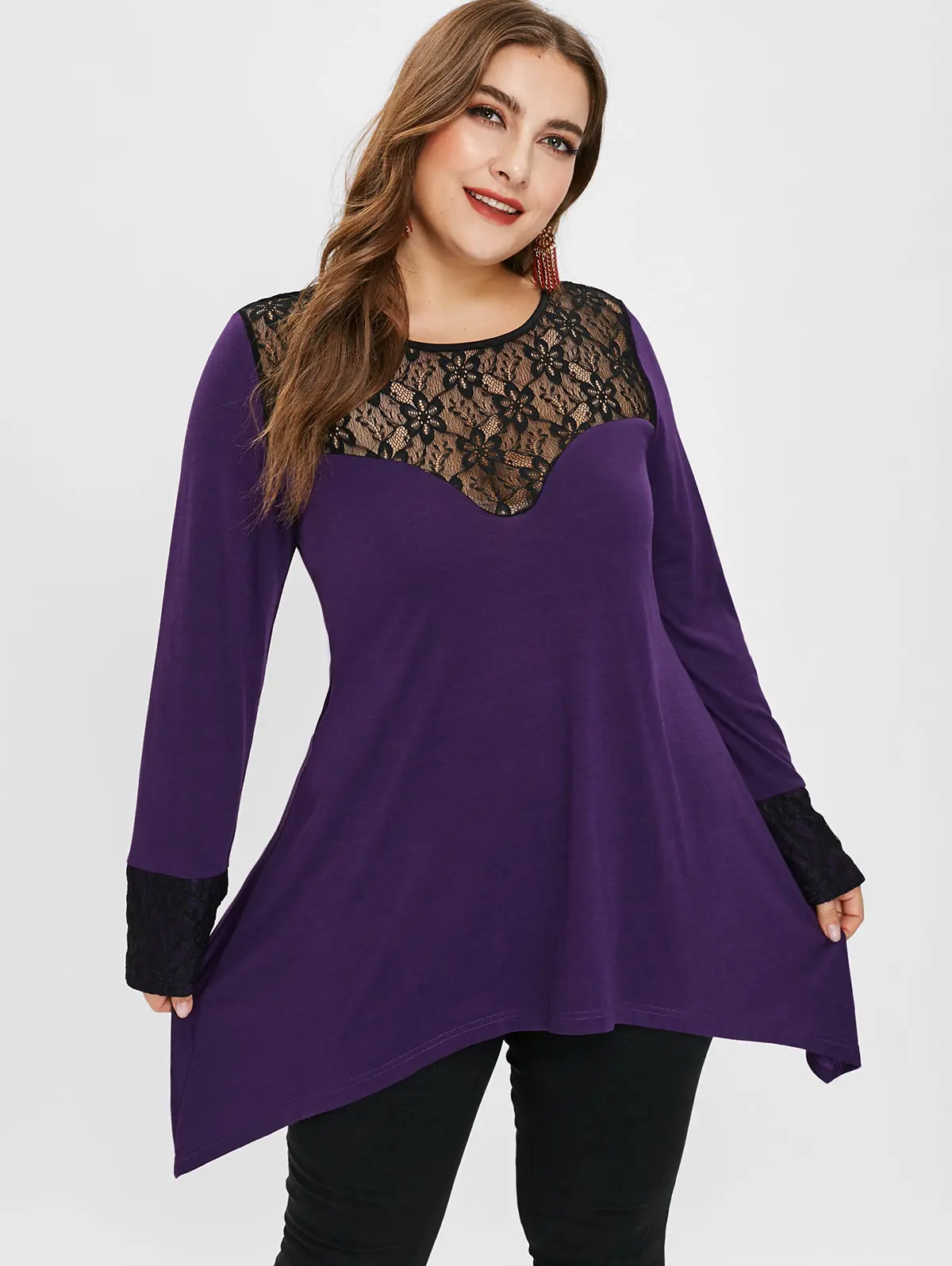 Wipalo Women Plus Size 5XL Lace Panel Two Tone Tee Sexy Sheer Lace