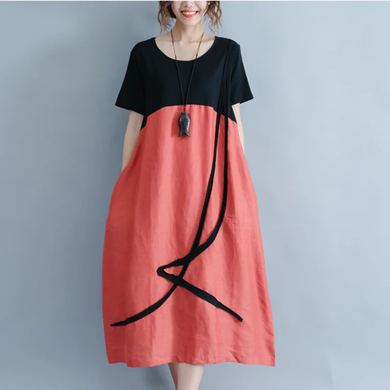 #0142 Summer Casual Patchwork Color Loose Cotton Linen Dress Women Plus Size Short Sleeve Vintage Spliced Ribbons Vestidos
#0142 Summer Casual Patchwork Color Loose Cotton Linen Dress Women Plus Size Short Sleeve Vintage Spliced Ribbons Vestidos