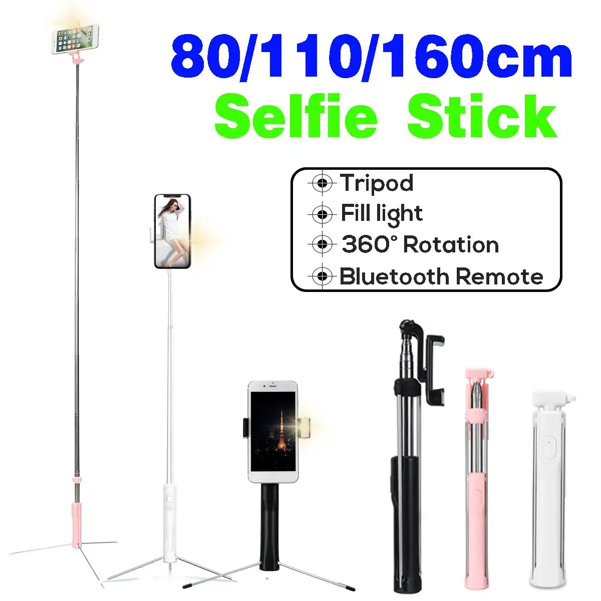 80cm/110cm/160cm bluetooth Selfie Stick Tripod with LED Fill Light Extendable Wireless Monopod for IOS/Android Phone for iPhone
80cm/110cm/160cm bluetooth Selfie Stick Tripod with LED Fill Light Extendable Wireless Monopod for IOS/Android Phone for iPhone