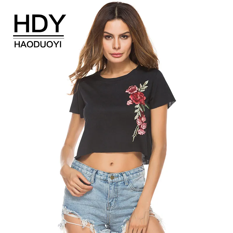 HDY Haoduoyi женская футболка с вышивкой розы короткий рукав укороченный топ