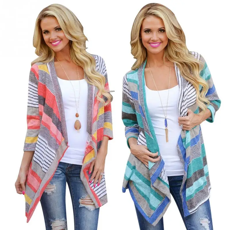 Summer Fashion Striped Print Women Casual Thin Three Quarter Sleeve Loose Irregular Hem Cardigan Cape Poncho Coat Female Top
Summer Fashion Striped Print Women Casual Thin Three Quarter Sleeve Loose Irregular Hem Cardigan Cape Poncho Coat Female Top