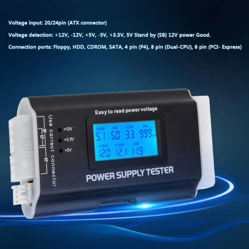 20/24 Pin Power Supply Tester Digital LCD Display PC Computer Check Quick Bank Supply Power Measuring Diagnostic Tester Tools
20/24 Pin Power Supply Tester Digital LCD Display PC Computer Check Quick Bank Supply Power Measuring Diagnostic Tester Tools
