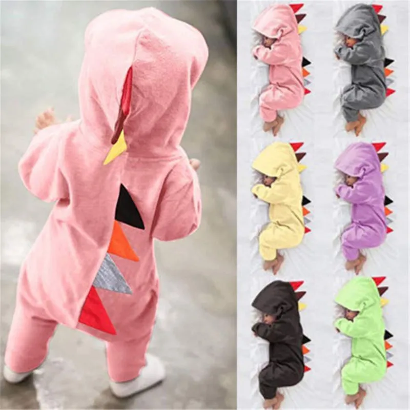 

Baby Boy Girl 3D Colorful Dinosaur Costume Solid pink gray Rompers ropa bebe warm spring autumn cotton romper Playsuit Clothes