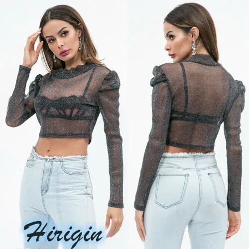 Summer Women T-Shirts Women Sexy Glitter Mesh Sheer See-through Long Sleeve O-Neck Black Short Crop Top
Summer Women T-Shirts Women Sexy Glitter Mesh Sheer See-through Long Sleeve O-Neck Black Short Crop Top