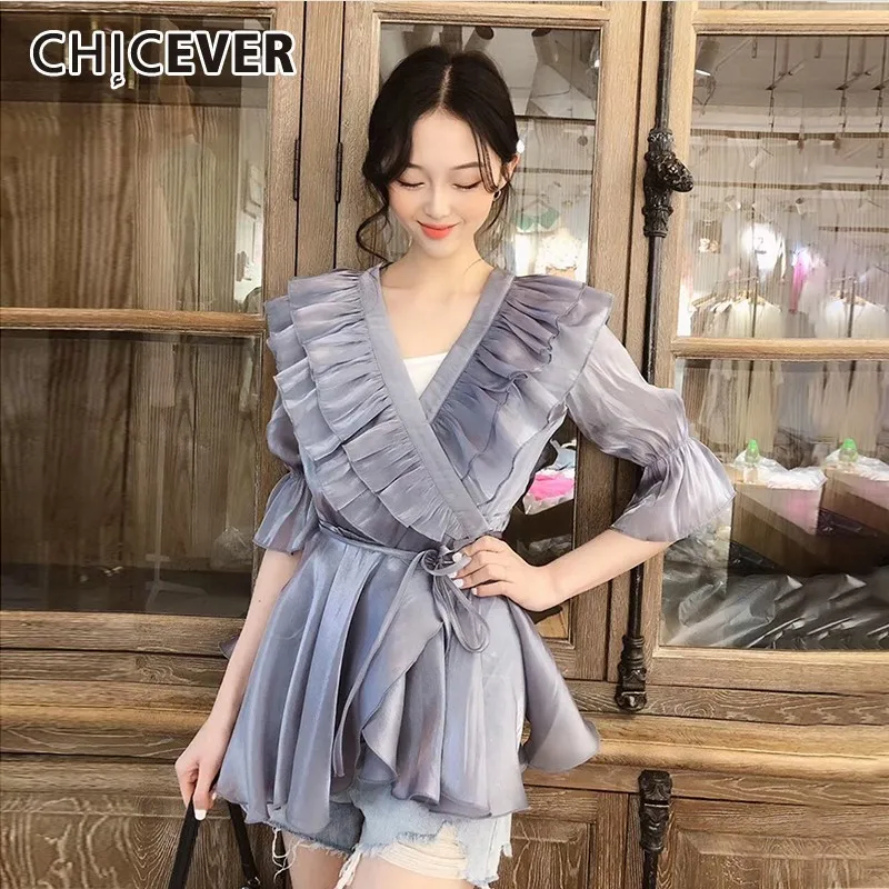 CHICEVER Summer Sweet V Neck Lace Up Belt Draped Ruffles Mesh Women Shirt Flare Half Sleeve Loose Slim Female Top Clothing 2019
CHICEVER Summer Sweet V Neck Lace Up Belt Draped Ruffles Mesh Women Shirt Flare Half Sleeve Loose Slim Female Top Clothing 2019