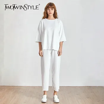 TWOTWINSTYLE Casual Women Suit O Neck Short Sleeve Loose T-shirt High Waist Big Size Wide Leg Pants Female Two Piece Set Summer
TWOTWINSTYLE Casual Women Suit O Neck Short Sleeve Loose T-shirt High Waist Big Size Wide Leg Pants Female Two Piece Set Summer