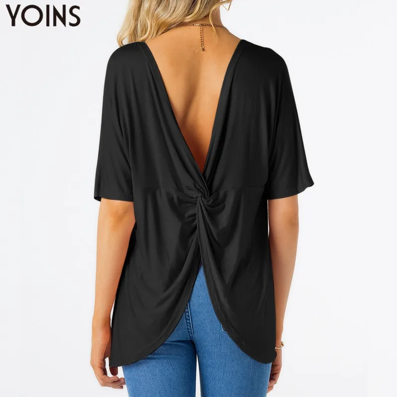 

YOINS Women Casual LooseTees Tops 2019 Summer Blouses Shirts O Neck Short Sleeve Sexy Backless Slit Plain Solid Blusas Female