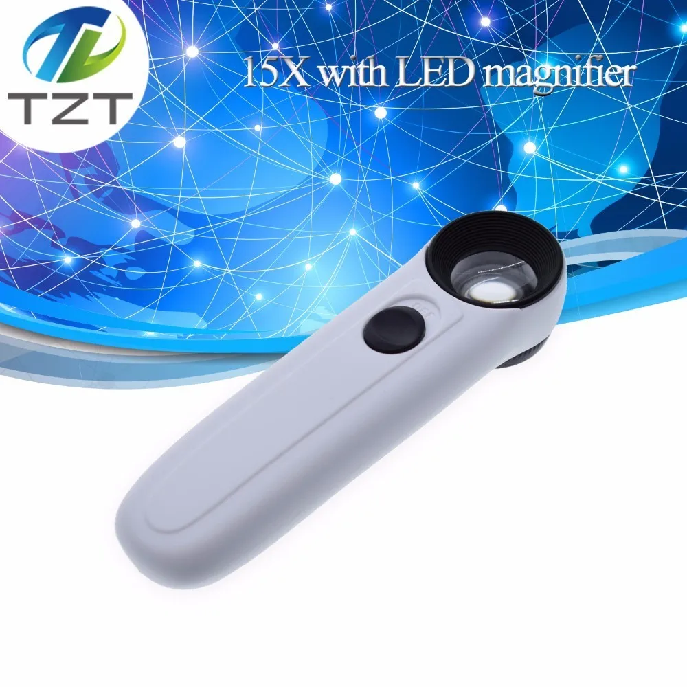 TZT 15X Handheld Glass Loupe Magnifier Magnifying Glass Portable Pocket Tool Professional With 2 LED Light
TZT 15X Handheld Glass Loupe Magnifier Magnifying Glass Portable Pocket Tool Professional With 2 LED Light