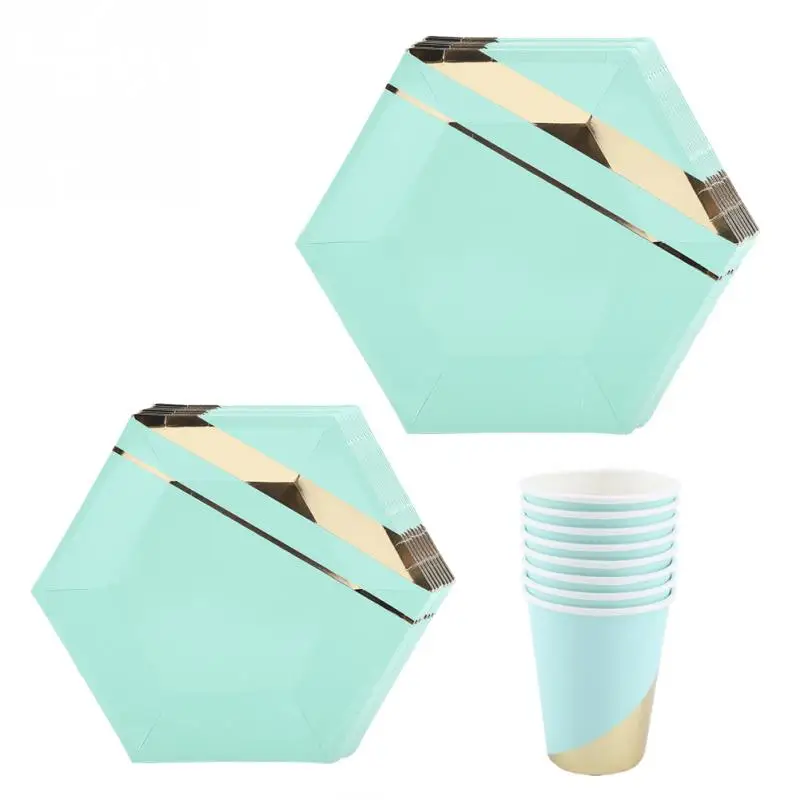 

Gold Mint Green Party Paper Plates Cups Disposable Baby Shower Tableware Supplies