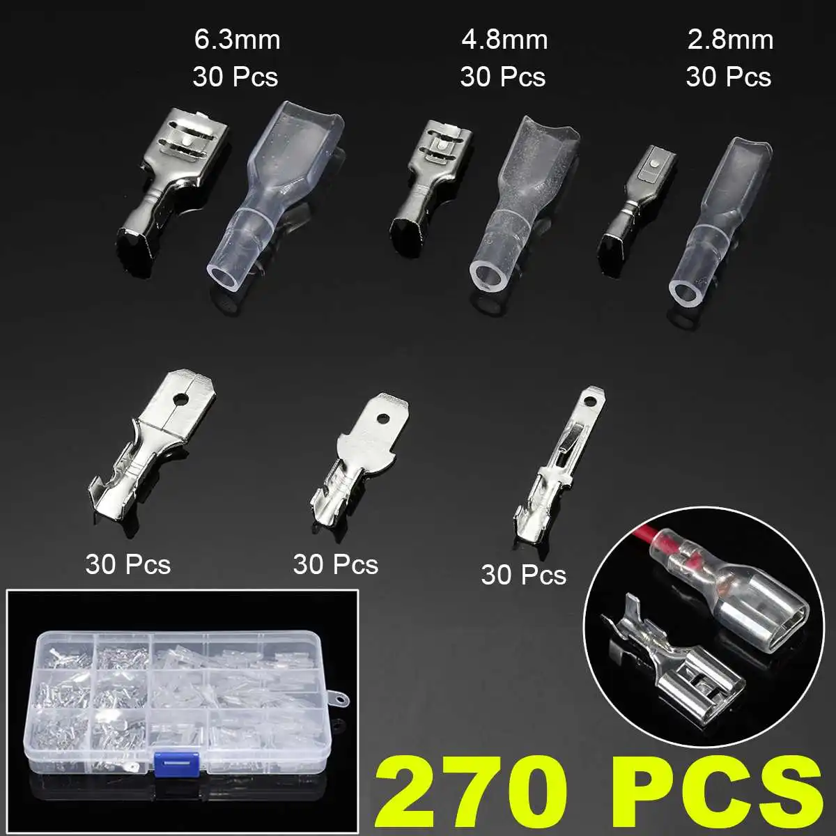 270PC/Set Assorted Crimp Terminal Female+Male+Sheath Splice Spade Connector Splice Case 2.8mm+4.8mm+6.3mm Wire Spade Connector
270PC/Set Assorted Crimp Terminal Female+Male+Sheath Splice Spade Connector Splice Case 2.8mm+4.8mm+6.3mm Wire Spade Connector