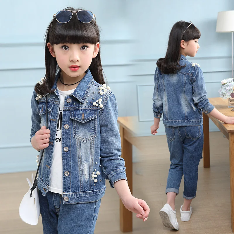 

Special Offer Girls Fashion Denim Jacket With Pearls Spring Children Beading Spliced Clothes Outerwear Kids Cute Casual Coat B53