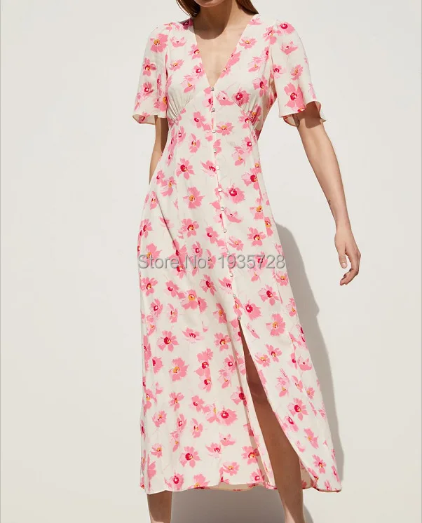 2019 Summer New Floral Print V Neck Button Front Short Sleeve Dress With Gathering Waist