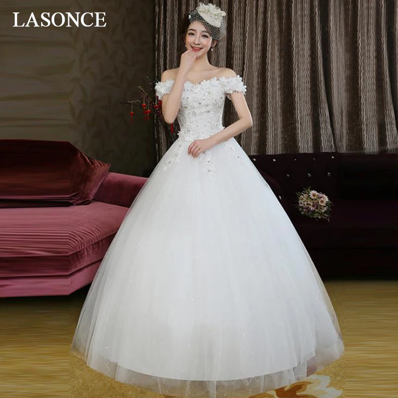 LASONCE Lace Flowers Appliques Boat Neck Sequined Ball Gown Wedding Dresses Crystal Off The Shoulder Backless Bridal Gowns
LASONCE Lace Flowers Appliques Boat Neck Sequined Ball Gown Wedding Dresses Crystal Off The Shoulder Backless Bridal Gowns