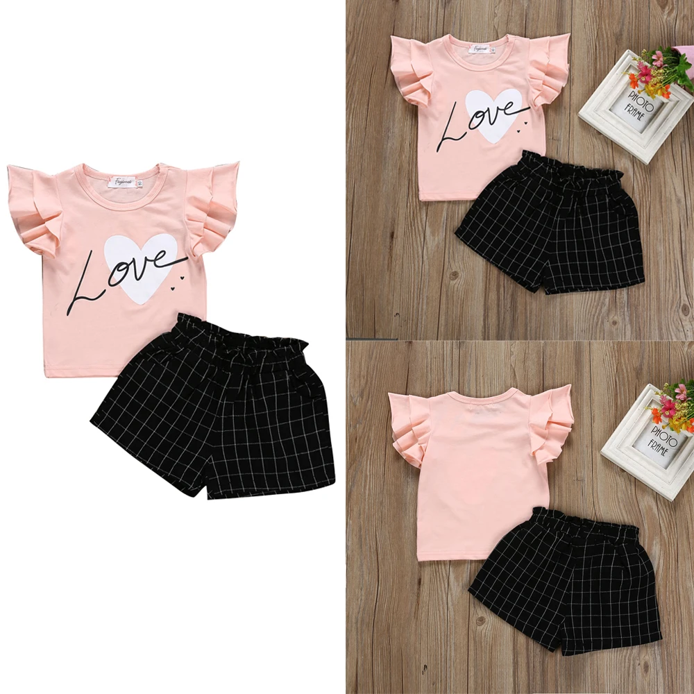 2PCS New Summer Kids Baby Girls Clothes Set Flying Ruffles Sleeve Top Cute Love Print T-Shirt +Plaid Shorts Princess Outfits | Мать и