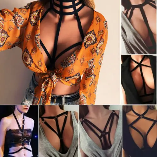 

2019 Sexy Lady Halter Bandage Bra Women Harness Bra Caged Bralet Plunge Crop Top Choker Gothic Body Chain Lingerie