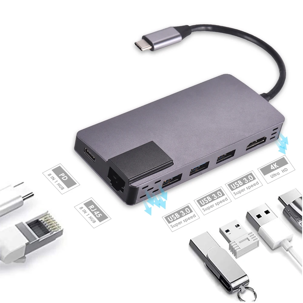 Type C to HD Interface 8 in 1 Adapter with Three USB 3.0 PD 3.0 Charging Port RJ45 Gigabit Ethernet Port TF Card Reader
Type C to HD Interface 8 in 1 Adapter with Three USB 3.0 PD 3.0 Charging Port RJ45 Gigabit Ethernet Port TF Card Reader