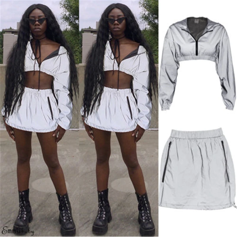 Fashion Women Suits Autumn Reflective Zipper Hooded Long Sleeve Crop Top Lady Clothing Set Reflective Hoodies Mini Pencil Skirts
Fashion Women Suits Autumn Reflective Zipper Hooded Long Sleeve Crop Top Lady Clothing Set Reflective Hoodies Mini Pencil Skirts