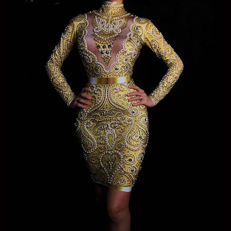 New Women Gold Dress Singer Costumes Birthday Celebrate Evening Wear Dress Sexy Stage Rhinestones Pearls Long Sleeves dresses
New Women Gold Dress Singer Costumes Birthday Celebrate Evening Wear Dress Sexy Stage Rhinestones Pearls Long Sleeves dresses