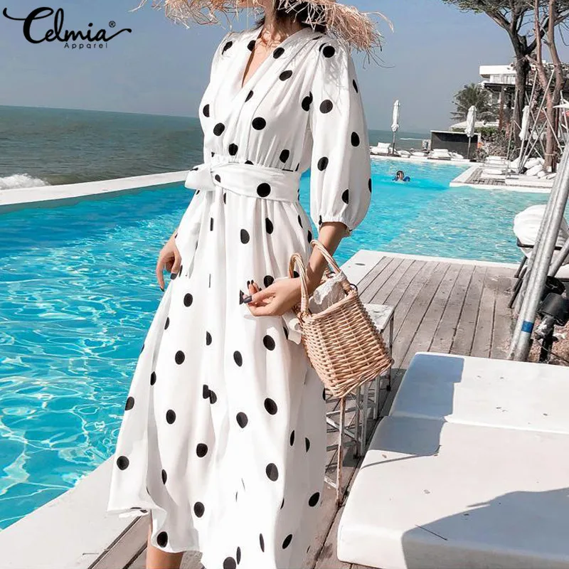 Celmia Bohemian Dress 2019 Women Summer Beach Maxi Long Dress Belted Casual V Neck Polka Dot Printed Party Vestidos Mujer S-5XL
Celmia Bohemian Dress 2019 Women Summer Beach Maxi Long Dress Belted Casual V Neck Polka Dot Printed Party Vestidos Mujer S-5XL