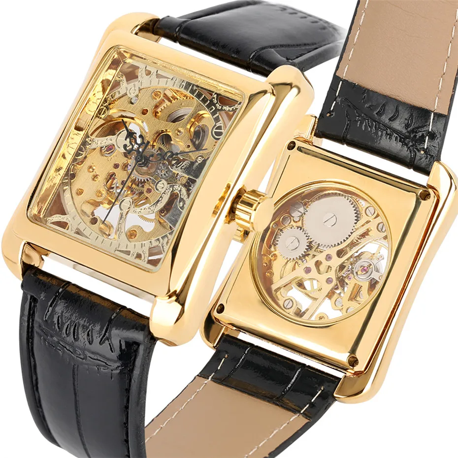 

Mechanical Watch for Men Unique Rectangle Skeleton Men Watch Manual Mechanic Genuine Leather Watch Band Cool Wrist Watches reloj