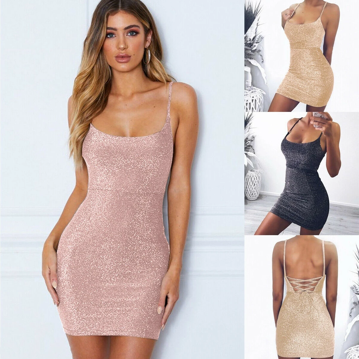 Women Sleeveless Dress Evening Backless Spaghetti Sexy Strap Pencil Shimmer Dresses Party Hot Summer Bodycon Short Mini Dresses
Women Sleeveless Dress Evening Backless Spaghetti Sexy Strap Pencil Shimmer Dresses Party Hot Summer Bodycon Short Mini Dresses
