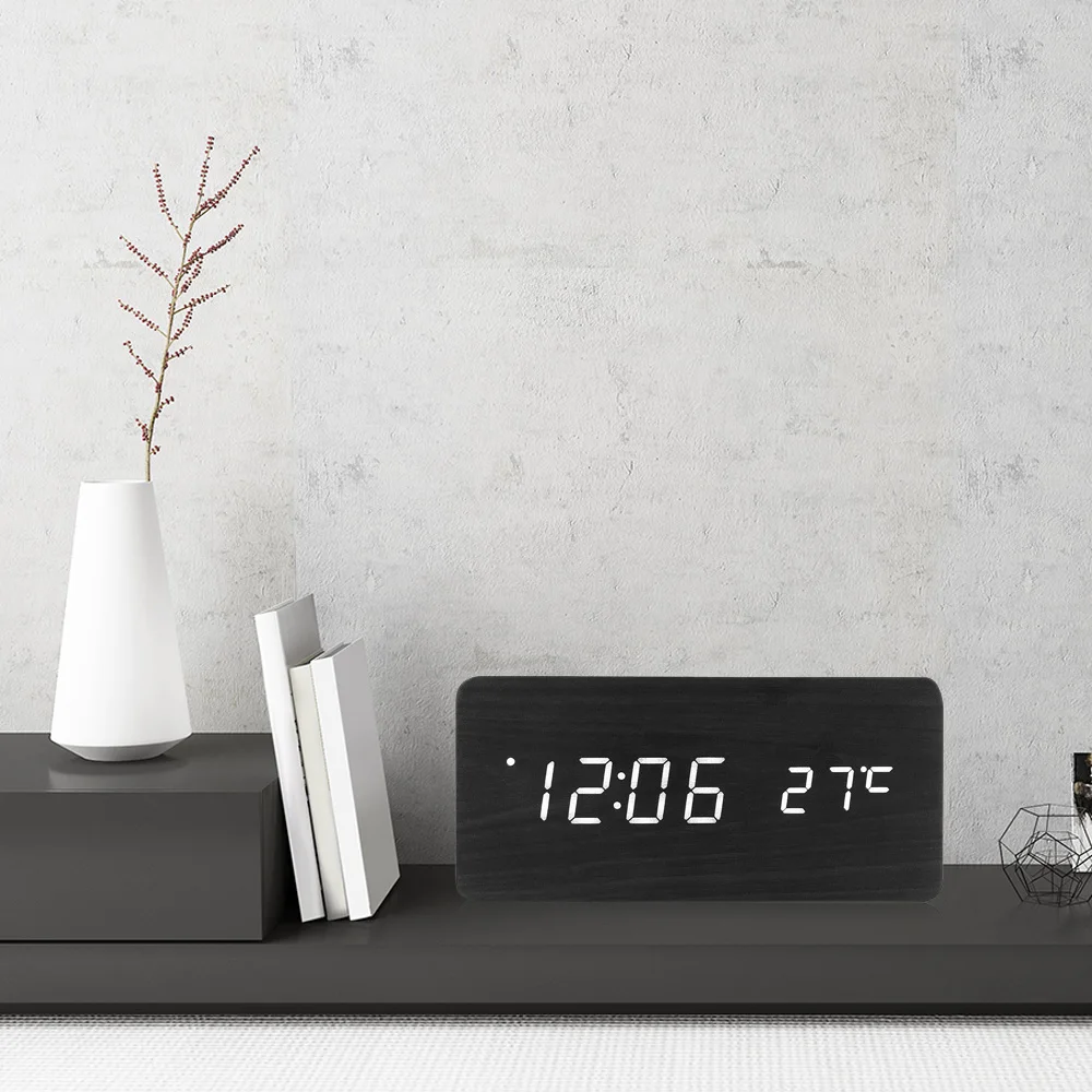 Famirosa Wooden Alarm Clock Nightlight Sound Control Time Temperature Calendar USB Desktop Table Bedside Black Wooden LED Clock
Famirosa Wooden Alarm Clock Nightlight Sound Control Time Temperature Calendar USB Desktop Table Bedside Black Wooden LED Clock