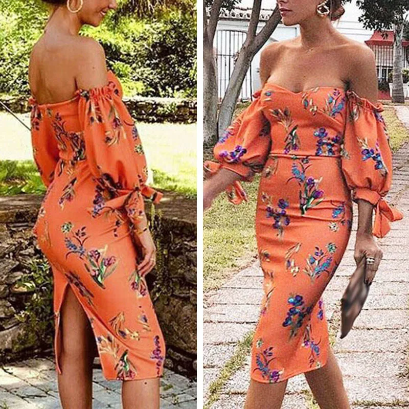 Summer Dress Women Strapless Off Shoulder Five-point Sleeve Sexy Print Knee Length Bodycon Ladies Dress
Summer Dress Women Strapless Off Shoulder Five-point Sleeve Sexy Print Knee Length Bodycon Ladies Dress