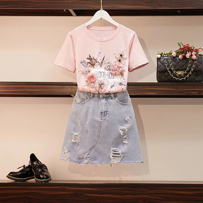 2019 Summer Women 2 Piece Set Appliques Beaded Cotton T-shirt + High Waist Hole Ripped Jeans Skirts Short Midi Pencil Skirt Suit
2019 Summer Women 2 Piece Set Appliques Beaded Cotton T-shirt + High Waist Hole Ripped Jeans Skirts Short Midi Pencil Skirt Suit