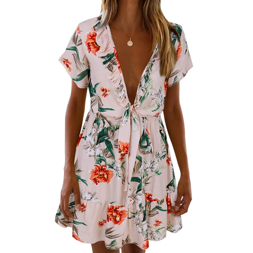 Women's Boho Floral Short Sleeve Bowknot Knotted Mini Dress 2019 Summer V-Neck Ruffled Hem Holiday Party Beach Sundress Vestidos
Women's Boho Floral Short Sleeve Bowknot Knotted Mini Dress 2019 Summer V-Neck Ruffled Hem Holiday Party Beach Sundress Vestidos