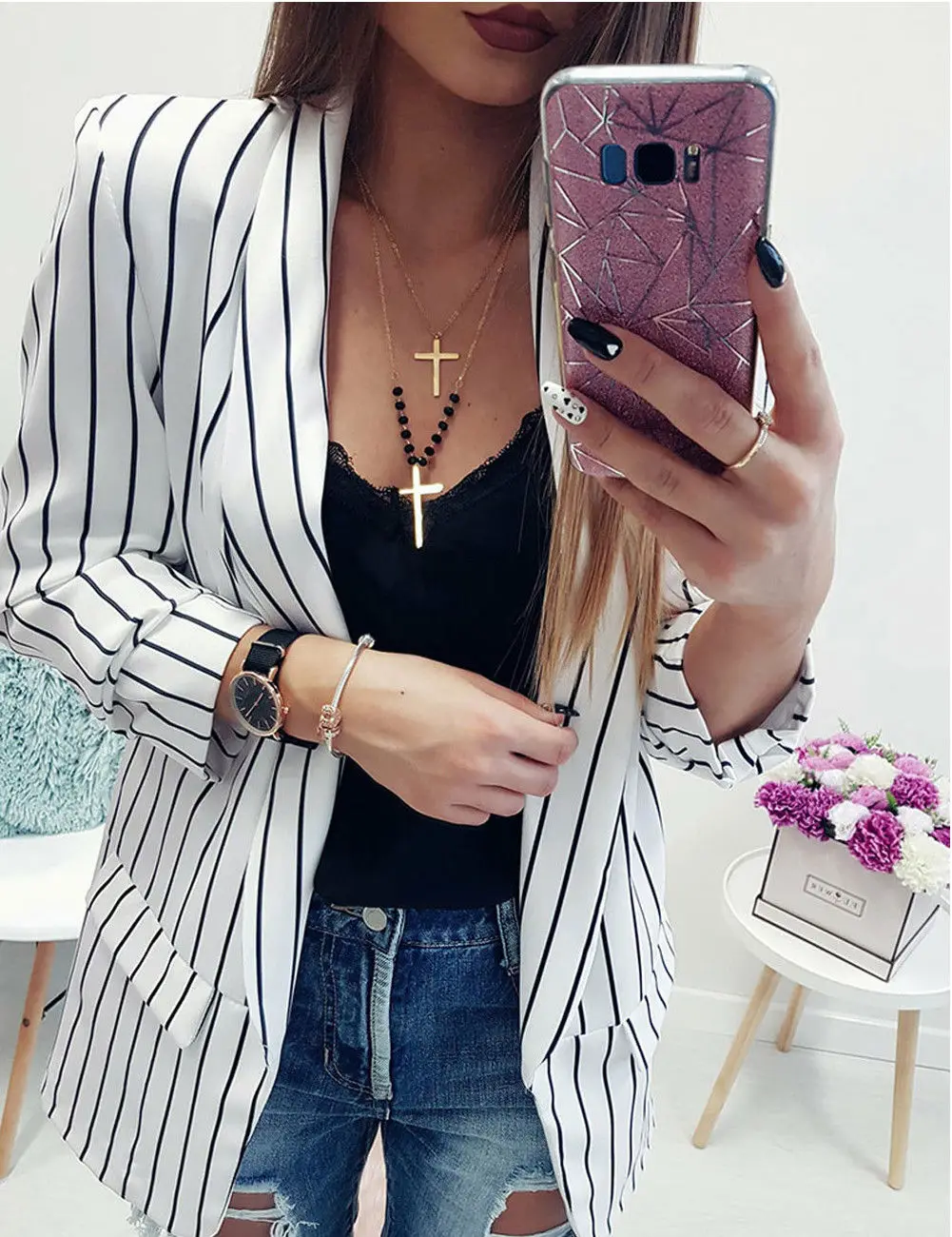 Slim Suit Tops Women Autumn Striped Casual Jacket Coat Tops Outwear Long Sleeve Jackets Coats for women Female 
Slim Suit Tops Women Autumn Striped Casual Jacket Coat Tops Outwear Long Sleeve Jackets Coats for women Female