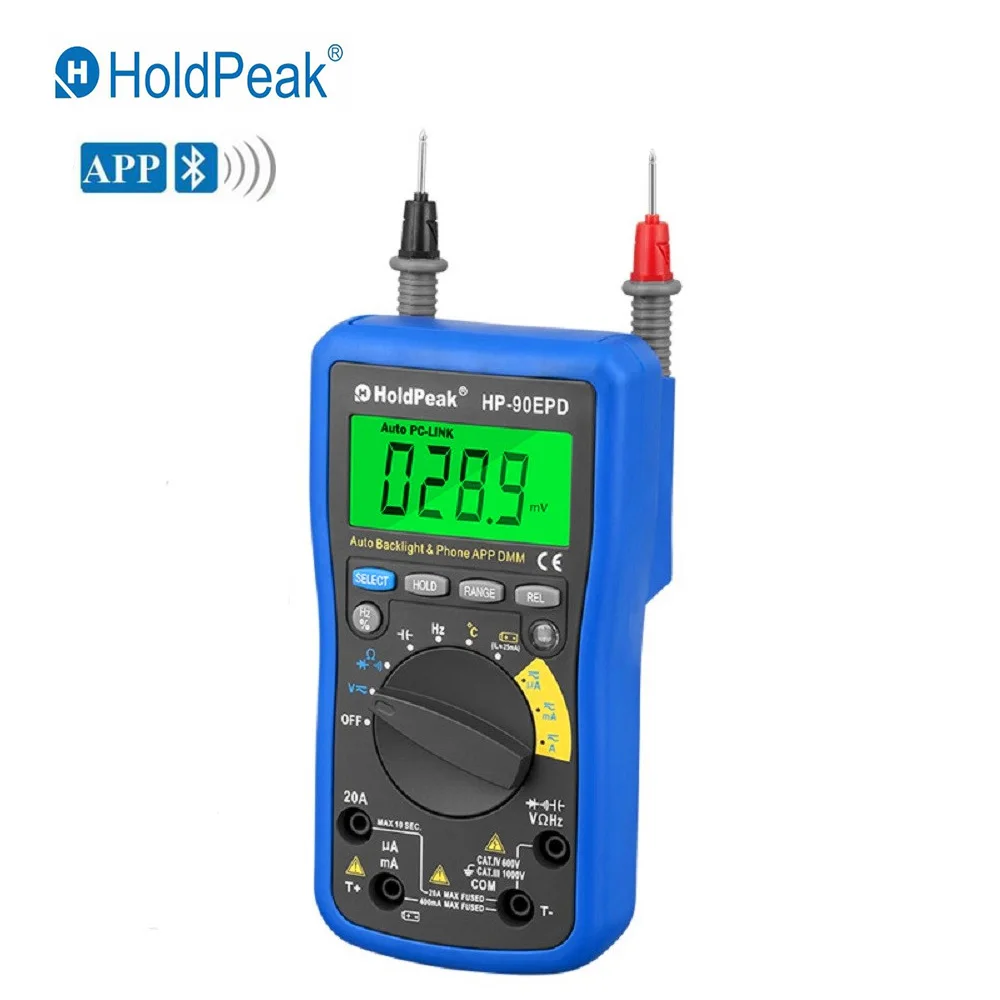 HoldPeak HP-90EPD Mobile APP 4000 Counts True RMS Multimeter Auto Range AC DC Voltage Current Resistance Capacitance Frequency
HoldPeak HP-90EPD Mobile APP 4000 Counts True RMS Multimeter Auto Range AC DC Voltage Current Resistance Capacitance Frequency