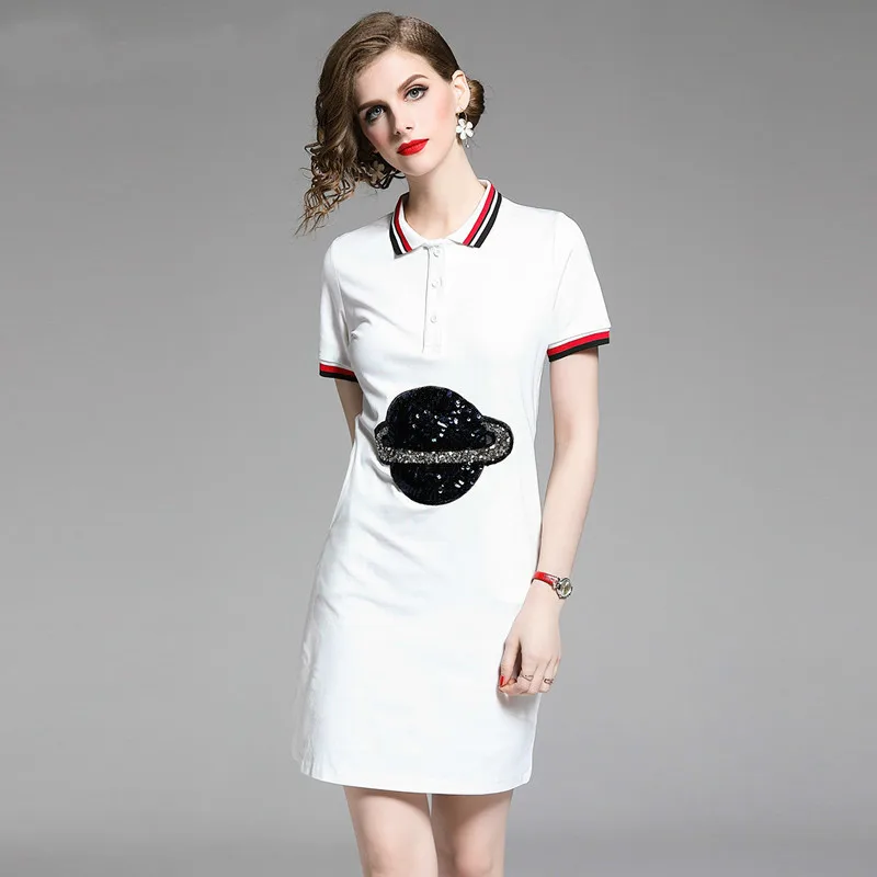 Women T-shirt Dress Summer 2019 Runway Sequined Planet Contrast Turn Down Collar Short Sleeve Midi T Shirt Dress White Vestidos
Women T-shirt Dress Summer 2019 Runway Sequined Planet Contrast Turn Down Collar Short Sleeve Midi T Shirt Dress White Vestidos