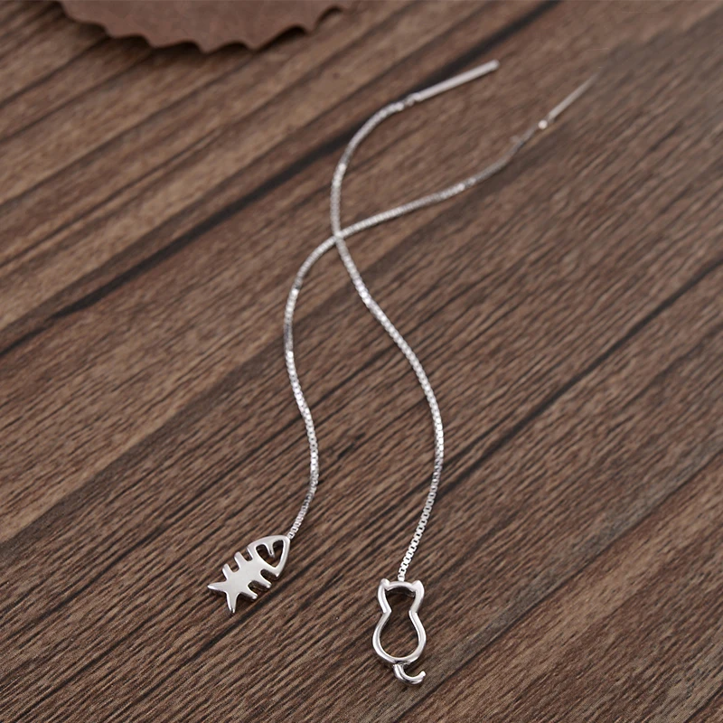 S92-5 Sterling SIL Fashion Jewelry Fish Cat Threader Thread Line Earrings A1727 | Украшения и аксессуары