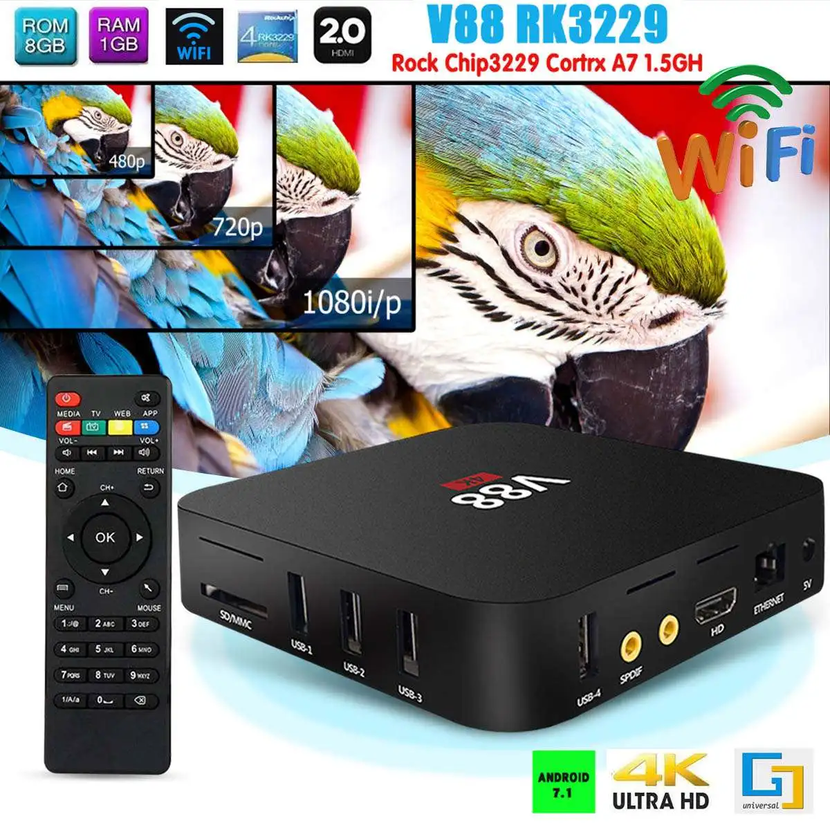 V88 Plus RK3328 Quad Core Android 7.1 TV BOX 2G/16GB WiFi 4K H.265 Media Smart TV BOX support WIFI media box Set-Top Box
V88 Plus RK3328 Quad Core Android 7.1 TV BOX 2G/16GB WiFi 4K H.265 Media Smart TV BOX support WIFI media box Set-Top Box