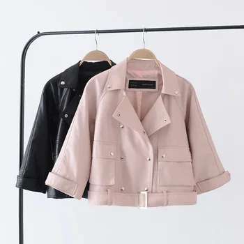2019 Belt Short Leather Clothing Woman Locomotive Jacket Seven Part Sleeve Pink Colour Loose Coat
2019 Belt Short Leather Clothing Woman Locomotive Jacket Seven Part Sleeve Pink Colour Loose Coat