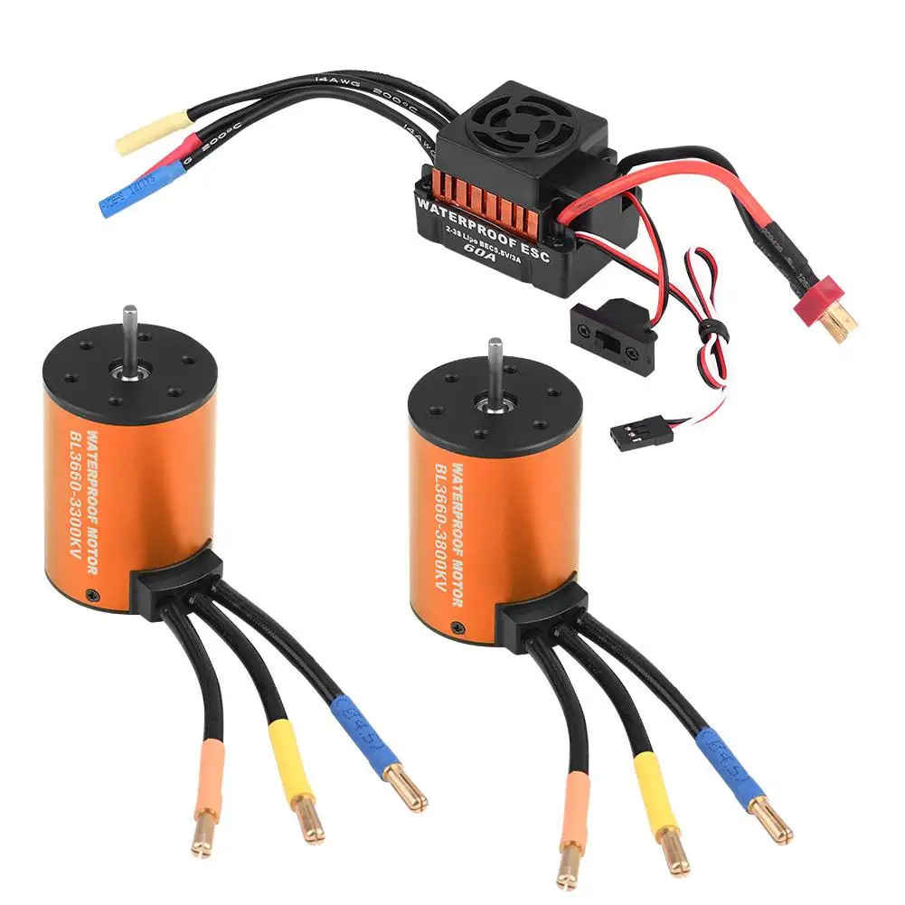 

Rcharlance Waterproof Brushless Set 3660 3300KV 3800KV Motor With 60A ESC 4 poles 12 slots high torque for 1/10 Scale RC Car