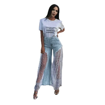 Women's New Trousers Personality Stitching Five Pointed Star Mesh Splice Raw Jeans Stars Perspective Wide Leg Pants Femme Plus
Women's New Trousers Personality Stitching Five Pointed Star Mesh Splice Raw Jeans Stars Perspective Wide Leg Pants Femme Plus