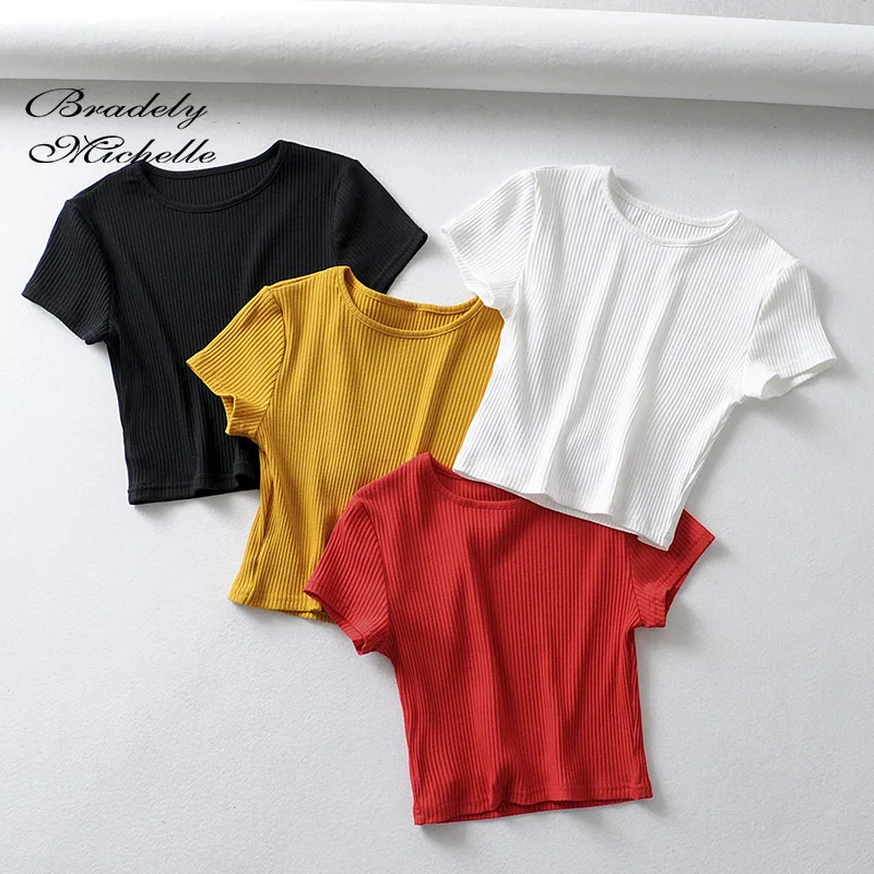 

BRADELY MICHELLE crop tops for Sexy women 2019 Summer female pure cotton knitted o-neck short-sleeve solid elasticity t-shirt