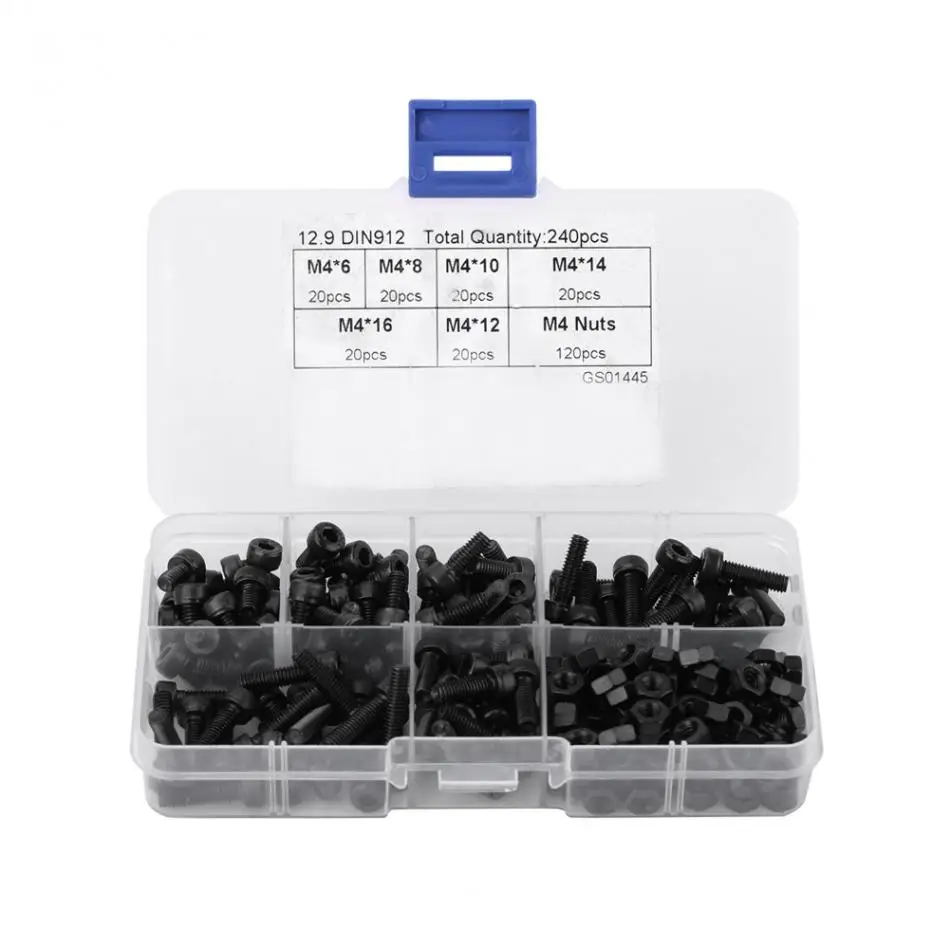 240Pcs/set M4 Hex Socket Cap Head Screws and Nuts Assrotment Set Carbon Steel 6/8/10/12/14/16mm Screw and Nuts Fastener Hardware
240Pcs/set M4 Hex Socket Cap Head Screws and Nuts Assrotment Set Carbon Steel 6/8/10/12/14/16mm Screw and Nuts Fastener Hardware