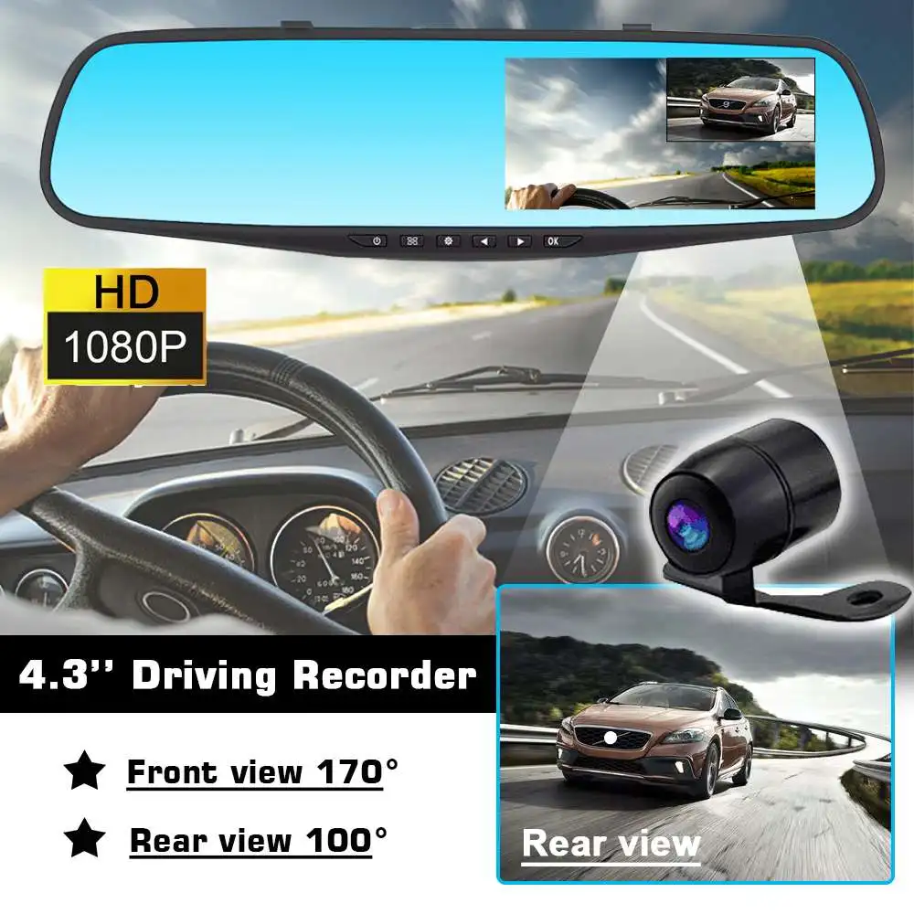 1080P 4.3inch Streaming Media Driving Recorder Rearview Mirror HD 1080P Telescopic Lens Dual Lens Dash Cam Built-in LCD screen
1080P 4.3inch Streaming Media Driving Recorder Rearview Mirror HD 1080P Telescopic Lens Dual Lens Dash Cam Built-in LCD screen