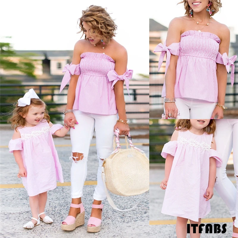 Sweet Pink Family Matching Outfits Mother Daughter Dress Matching Mom Girl Stripe Bow One Shoulder Dresses Family Summer Clothes
Sweet Pink Family Matching Outfits Mother Daughter Dress Matching Mom Girl Stripe Bow One Shoulder Dresses Family Summer Clothes