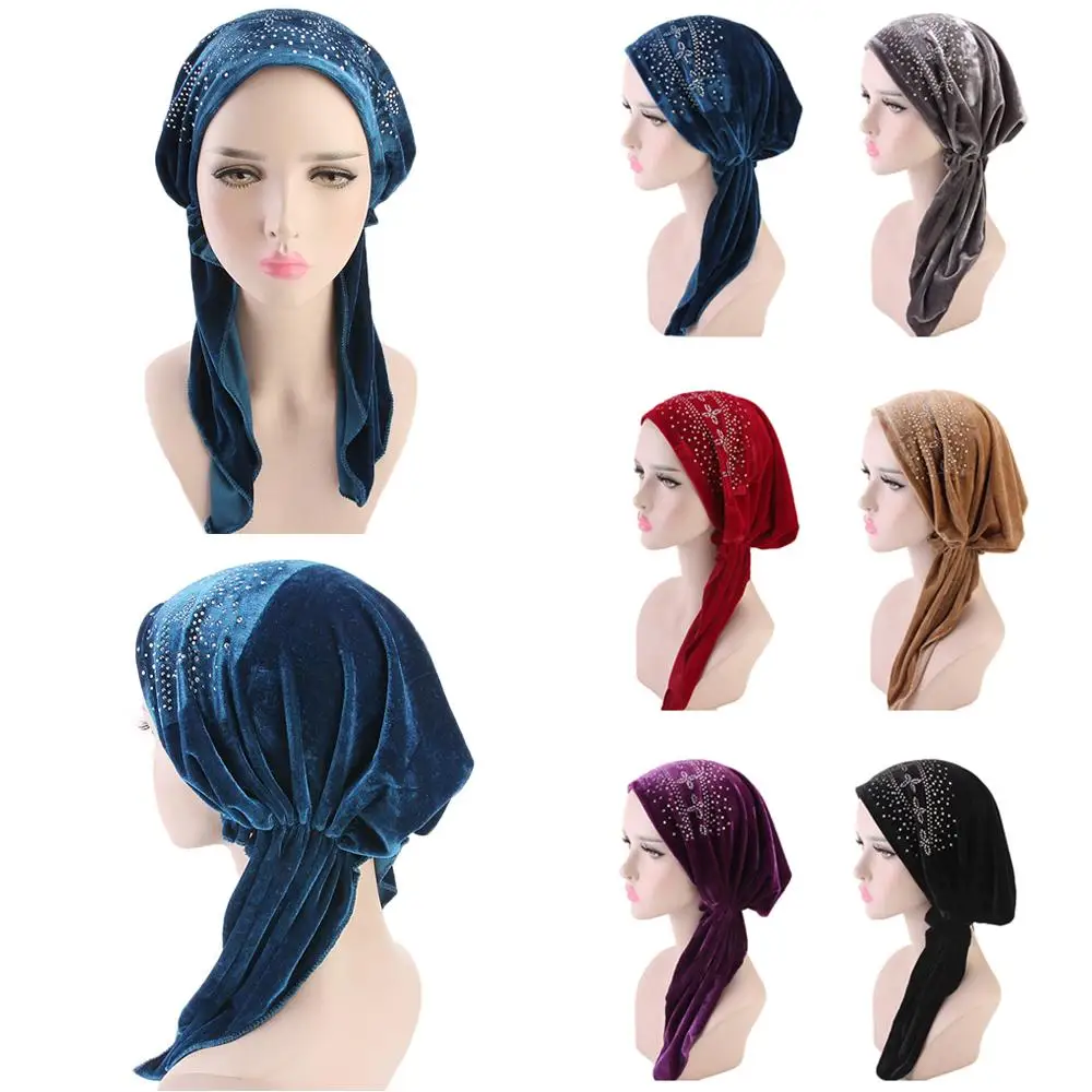 

Muslim Women Velvet Long Scarf Elastic Islamic Turban Head Wraps Hijab Shawls Chemo Caps Sequins Long Tail Headscarf Hair Loss