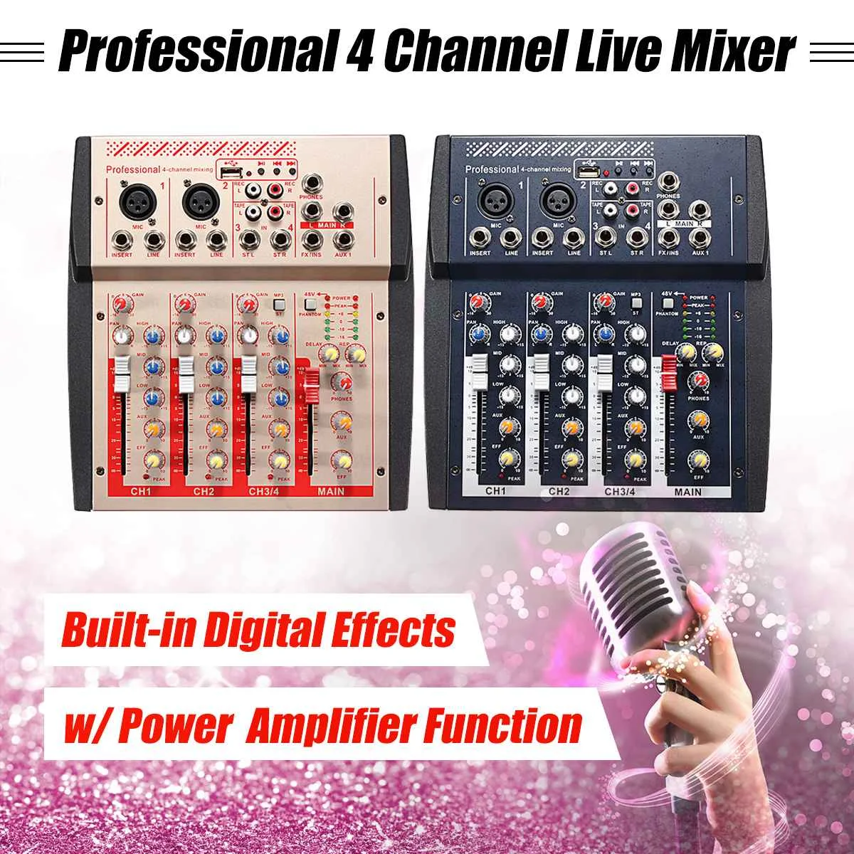 4 Channel Professional Live Studio Audio Mixer Mixing Console USB MP3 Power Line Digital Mic Sound Mixing Console Family KTV
4 Channel Professional Live Studio Audio Mixer Mixing Console USB MP3 Power Line Digital Mic Sound Mixing Console Family KTV