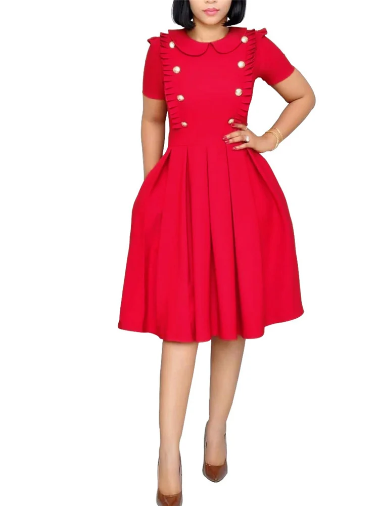 Women Summer Pleat Dress Buttons Elegant Solid Red Black Ruffles Girls Modest A-line Turn-Down Collar Vestido Drop Shipping 2019
Women Summer Pleat Dress Buttons Elegant Solid Red Black Ruffles Girls Modest A-line Turn-Down Collar Vestido Drop Shipping 2019