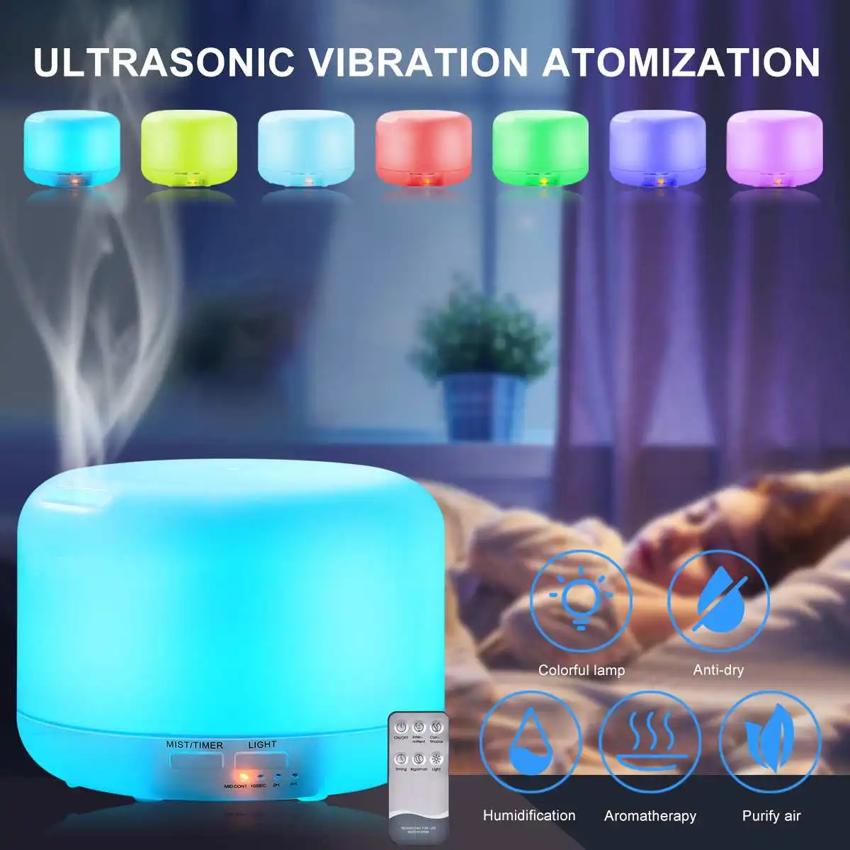 

300ml Aromatherapy Humidifier Aroma LED Oil Diffuser Remote Control Air Purifier EU Plug 12W for Home Yoga Office 36dB 7 Colors