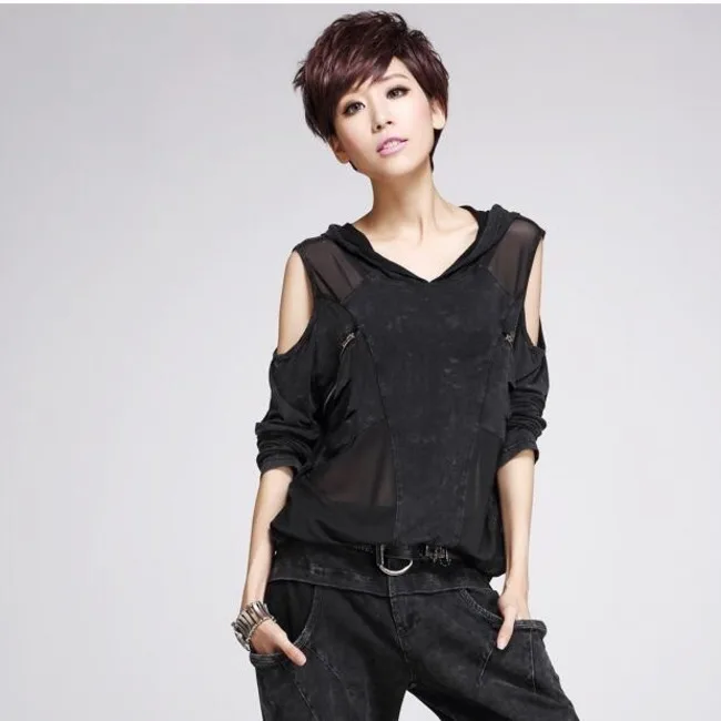 #1450 Black Long Sleeve Hooded T Shirt For Women Loose Plus Size Women Clothing Denim Spliced Chiffon Tops Off Shoulder Tshirt
#1450 Black Long Sleeve Hooded T Shirt For Women Loose Plus Size Women Clothing Denim Spliced Chiffon Tops Off Shoulder Tshirt