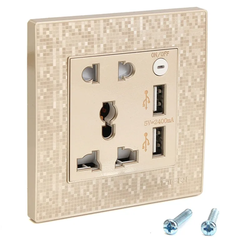 2400mA 250V 10A Double 2 Gang Wall Plug Socket with 2 USB Charger Port Outlets Power Charger Gold PC Shell UK US Type
2400mA 250V 10A Double 2 Gang Wall Plug Socket with 2 USB Charger Port Outlets Power Charger Gold PC Shell UK US Type