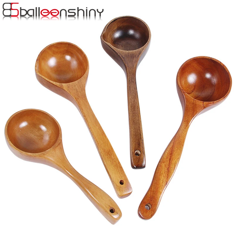 

BalleenShiny Wooden Big Soup Spoon Long Handle Porridge Cornmeal Scoop Water Ladle Kitchen Tableware Cooking Utensil Tool