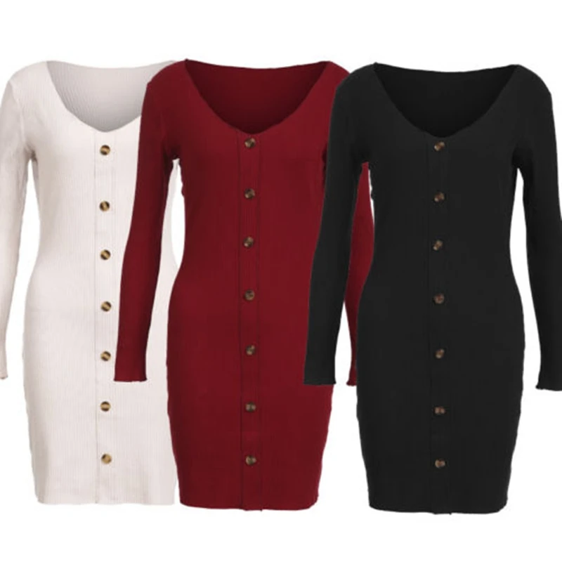 Women Long Sleeve Bodycon Button Down Solid Dress Party Ladies Knitted Winter Midi Dresses
Women Long Sleeve Bodycon Button Down Solid Dress Party Ladies Knitted Winter Midi Dresses